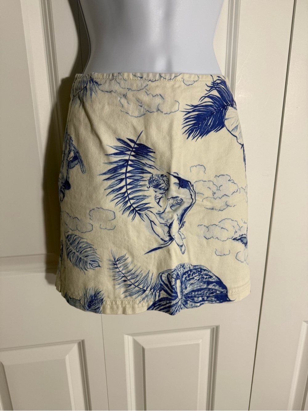 BDG Cream Mini Skirt with Blue Botanical & Cherub Print